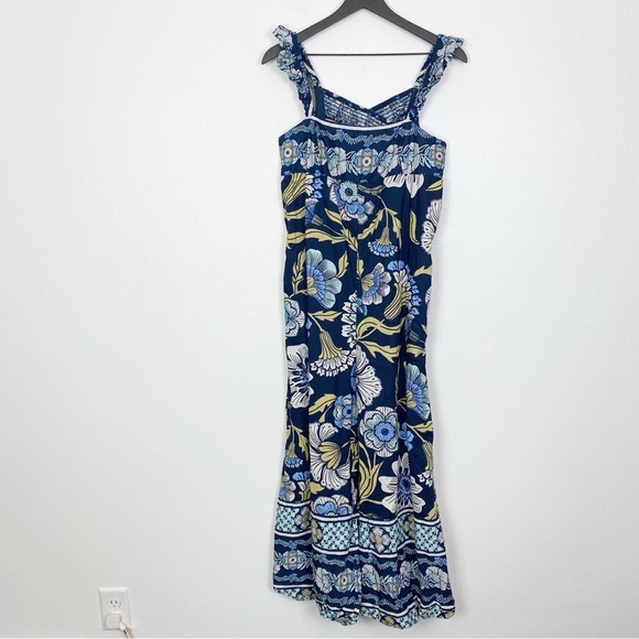 Free People Bali Albright Jumpsuit 100% Cotton Blue Boho Floral Balloon Legs - Picture 6 of 8